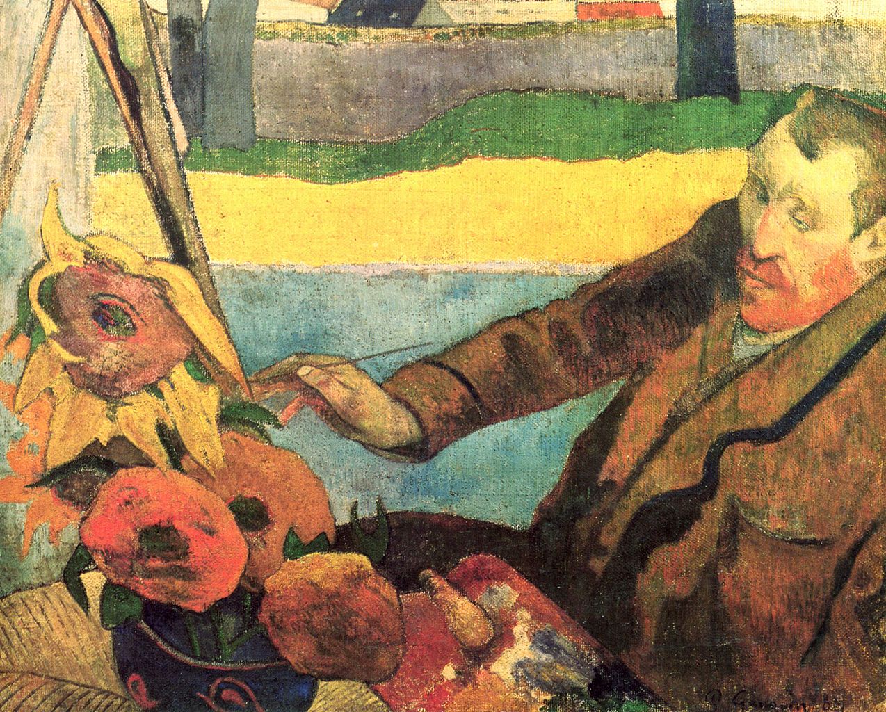 Peinture de Gauguin montrant Van Gogh peignant des tournesols à Arles